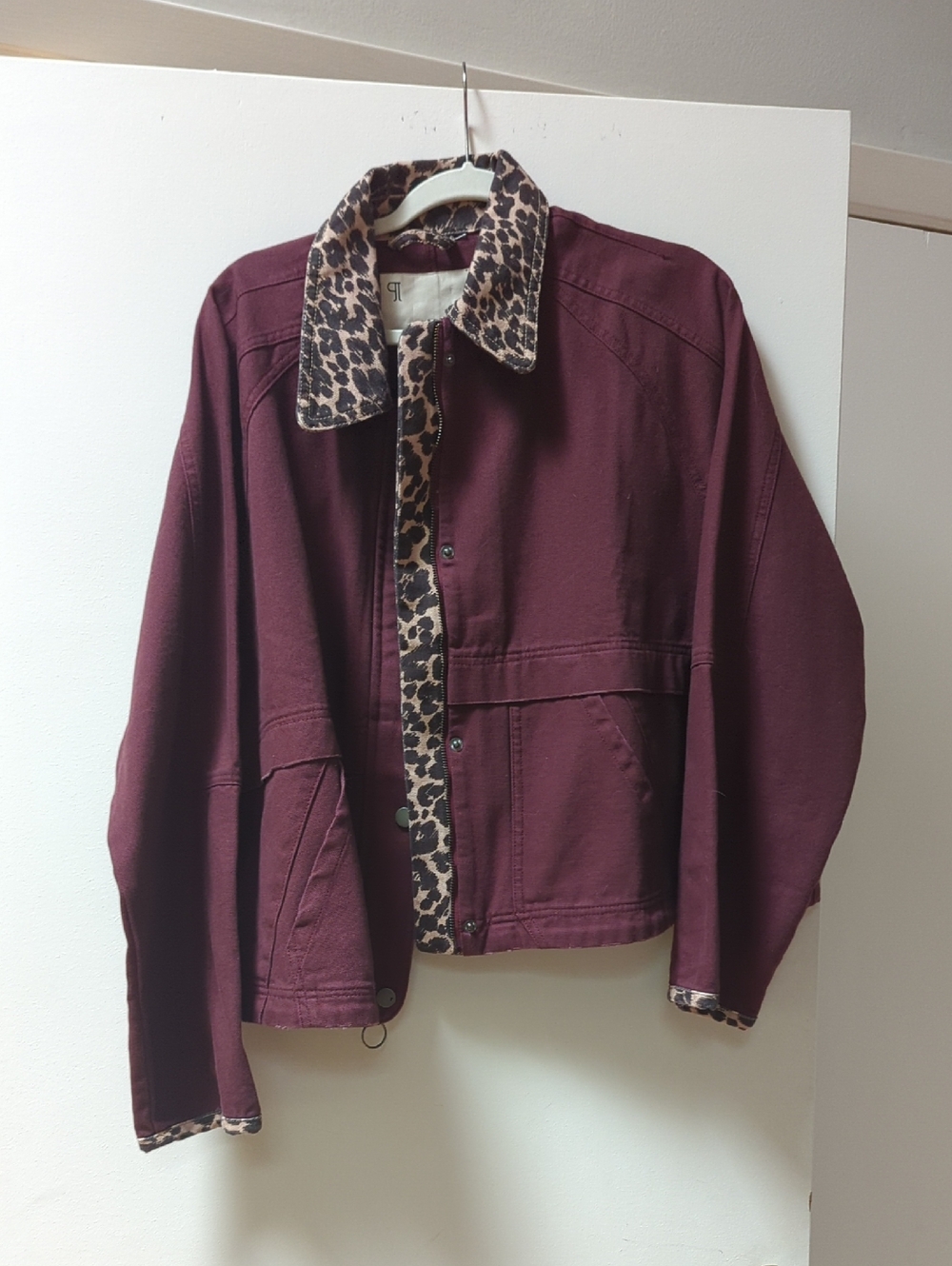 Pilcro Burgundy Jean Jacket with Leopard-Print Trim